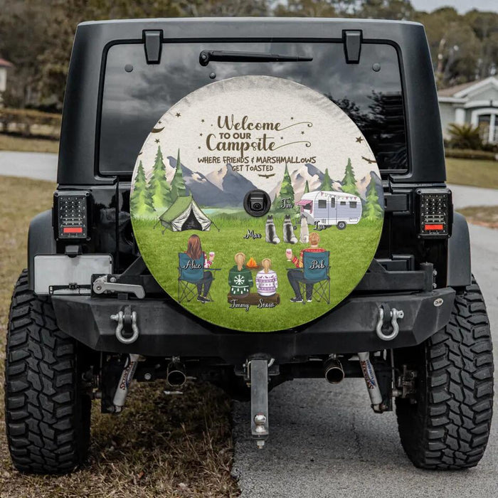 Custom Personalized Camping Spare Tire Cover - Adult/Couple/Single Parent/Parents with Upto 3 Pets - Gift Idea For Couple/Camping/Dog/Cat Lovers - Welcome To Our Campsite