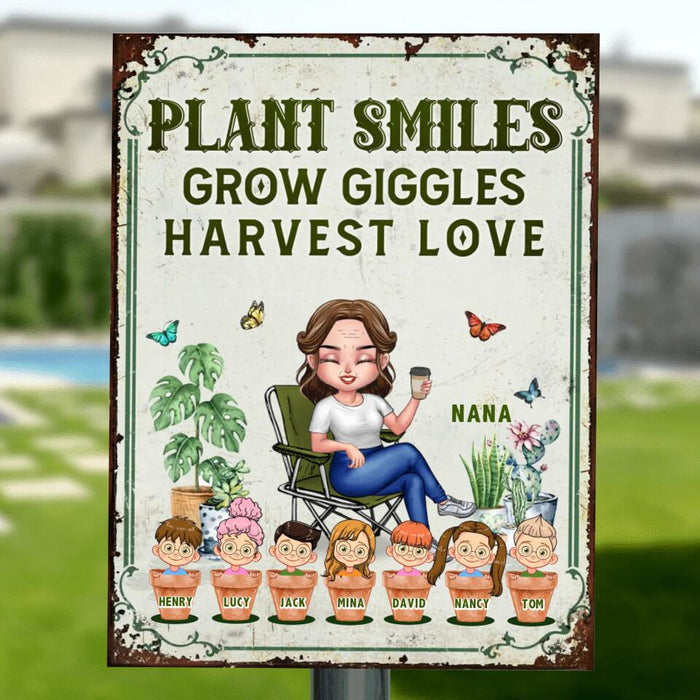 Custom Personalized Grandma Garden Metal Sign -  Gift Idea For Grandma/ Mother's Day - Upto 7 Kids - Plant Smiles Grow Giggles Harvest Love