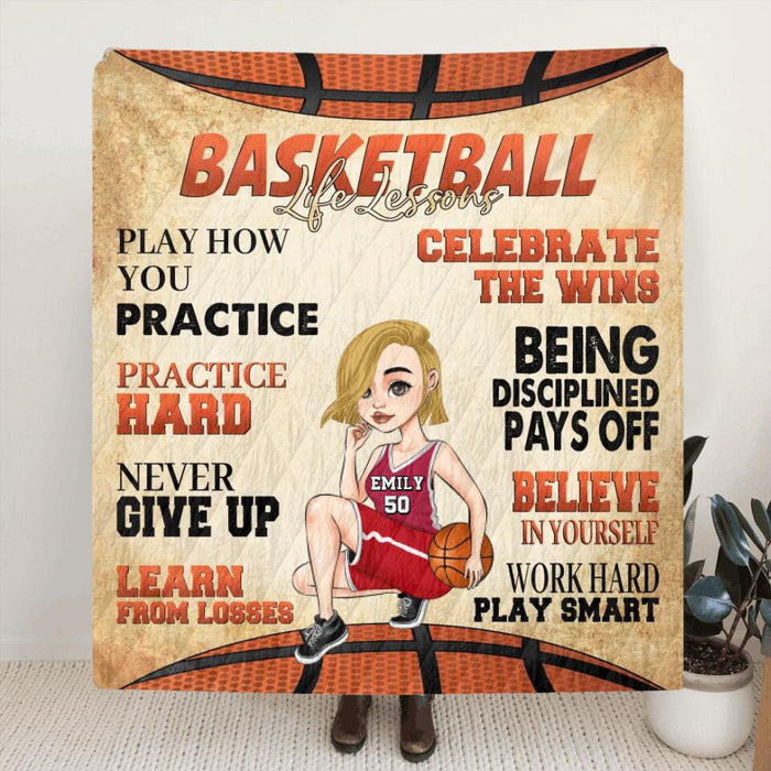 Custom Personalized Basketball Girl Quilt/Single Layer Fleece Blanket - Gift Idea For Basketball Lovers - Believe In Yourself Work Hard & Play Smart