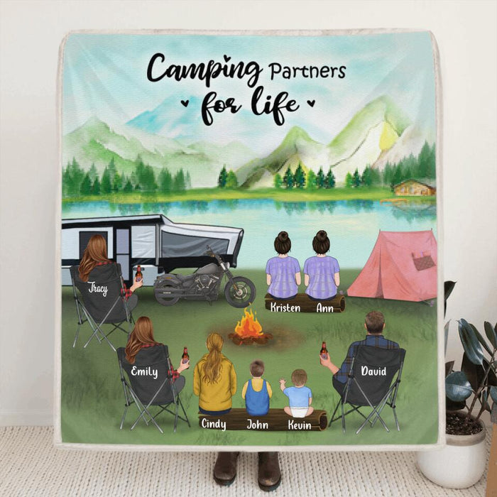 Personalized Camping Blanket - Gift For The Whole Family, Camping Lovers - 3 Adults with 5 Kids - Camping Partners For Life