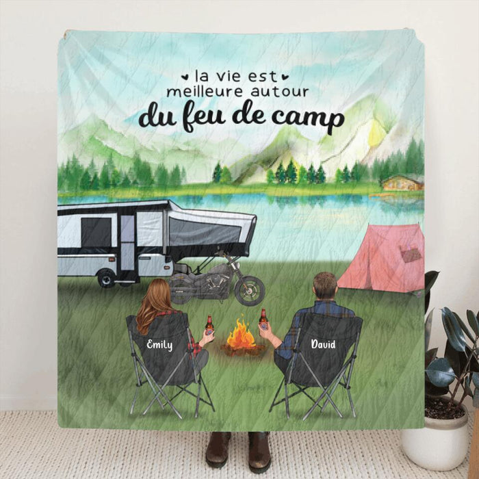 Custom Personalized Camping Blanket - Couple/ Family with Upto 4 Kids - 2 Pets - Gift For The Whole Family