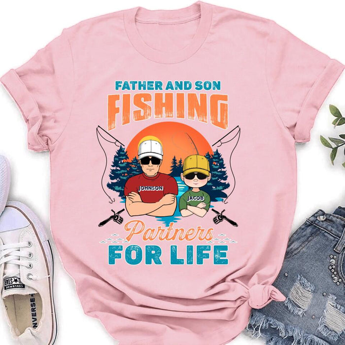 Custom Personalized Father And Son Fishing T-Shirt/ Long sleeve/ Sweatshirt/ Hoodie - Dad With Upto 3 Children - Gift Idea For Father/ Son/ Daughter/ Father's Day/ Fishing Lover - Father And Son Fishing Partners For Life