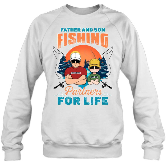 Custom Personalized Father And Son Fishing T-Shirt/ Long sleeve/ Sweatshirt/ Hoodie - Dad With Upto 3 Children - Gift Idea For Father/ Son/ Daughter/ Father's Day/ Fishing Lover - Father And Son Fishing Partners For Life