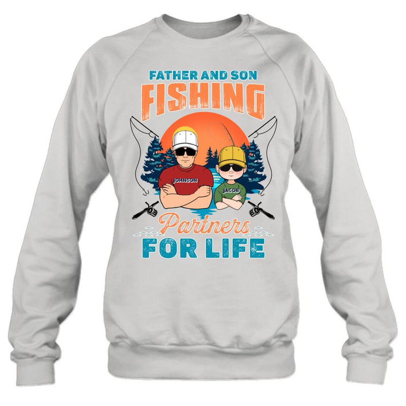 Personalized Father And Son Fishing T-Shirt/Long sleeve/Sweatshirt/Hoodie - Up to 3 Children - Gift Idea For Father/Son/Daughter/Father's Day/Fishing Lover - Father And Son Fishing Partners For Life