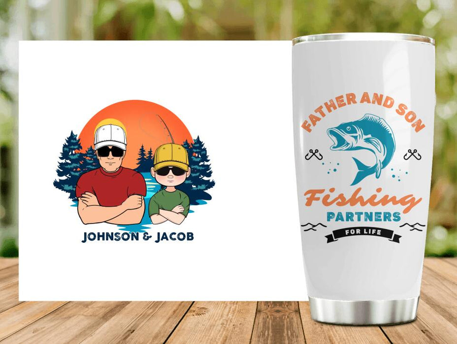 Custom Personalized Father And Son Fishing Tumbler - Dad With Upto 3 Children - Gift Idea For Father/ Son/ Daughter/ Father's Day/ Fishing Lover - Father And Son Fishing Partners For Life