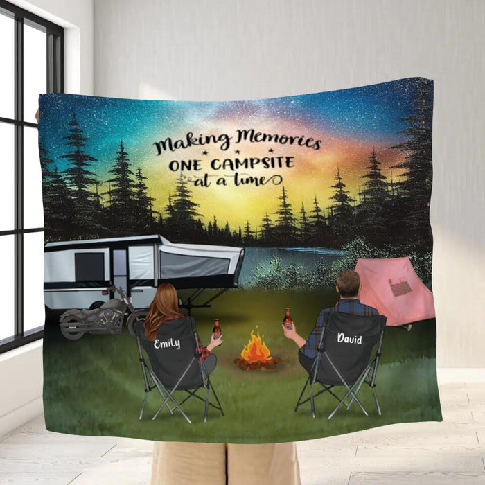 Custom Personalized Night Camping Single Fleece/Quilt Blanket - Gift for Camping Lovers - Family with kids and pets - Making memories one campsite at a time