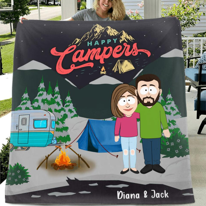 Custom Personalized Couple Camping Quilt/Single Layer Fleece - Gift For Camping Lovers - Happy Camper