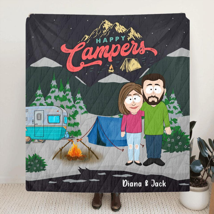 Custom Personalized Couple Camping Quilt/Single Layer Fleece - Gift For Camping Lovers - Happy Camper