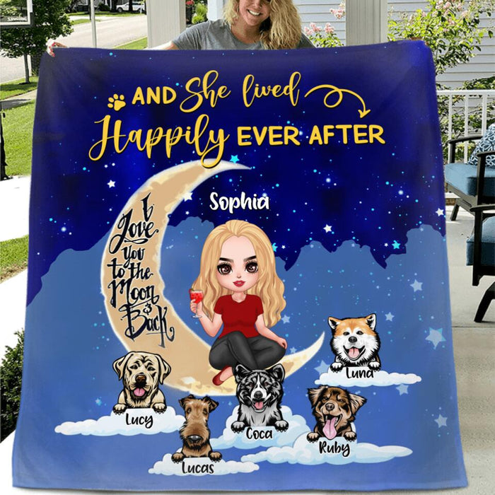 Custom Personalized Dog Mom On Moon Quilt/Fleece Blanket - Girl With Upto 5 Dogs - Gift Idea For Dog Lover - And She Lived Happily Ever After