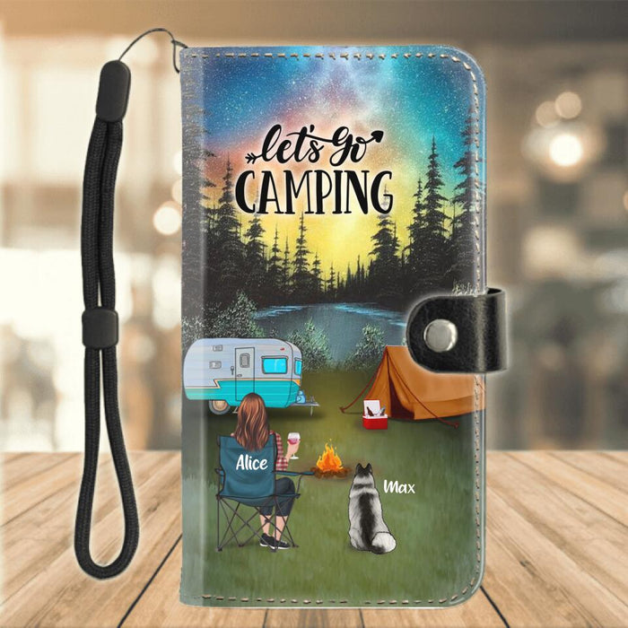 Custom Personalized Camping Flip Leather Purse For Mobile Phone - Man/ Woman/ Couple With Up to 4 Pets - Gift For Camping Lover - Let's Go Camping