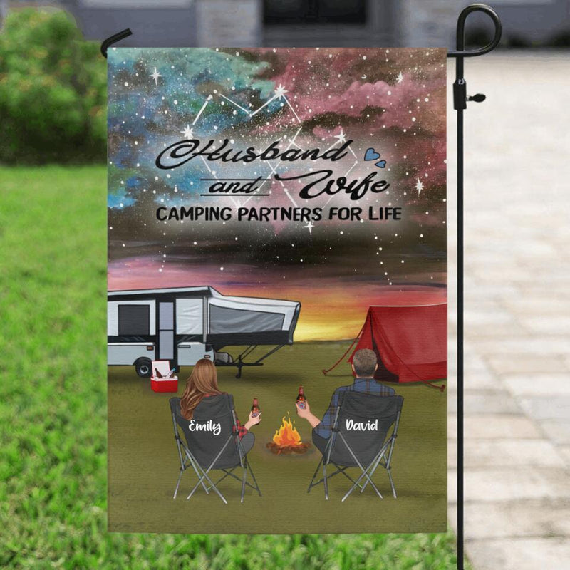 Personalized Camping Flag Sign - Couple With Up to 3 Kids And 4 Pets - Gift Idea For Camping Lover - Husband And Wife Camping Partners For Life