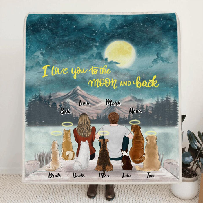 Custom Personalized Couple Dog Quilt/Fleece Blanket - Upto 7 Dogs - Best Gift For Couple/Dog Lover - I Love You To The Moon And Back