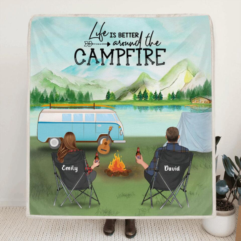 Personalized Camping Blanket - Gift For Same Sex Couple - 2 Women & 1 Dog Camping Quilt - Life is better around the campfire