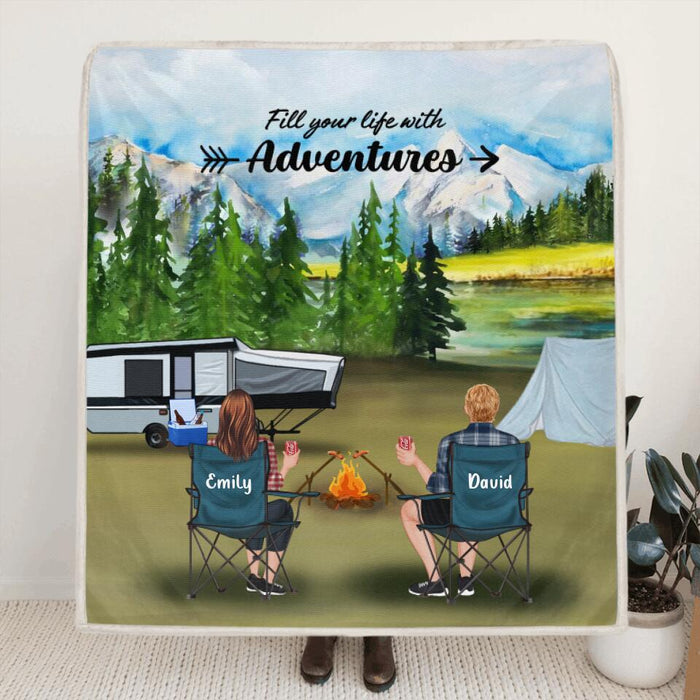 Custom Personalized Camping Quilt/ Fleece Blanket - Couple/ Parents With Upto 4 Kids And 4 Pets - Gift Idea For Camping Lover