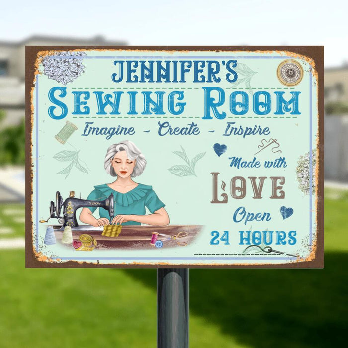 Custom Personalized Sewing Room Metal Sign - Gift Idea For Sewing Lovers/Mother's Day - Sewing Room Imagine, Create, Inspire Made With Love Open 24 Hours