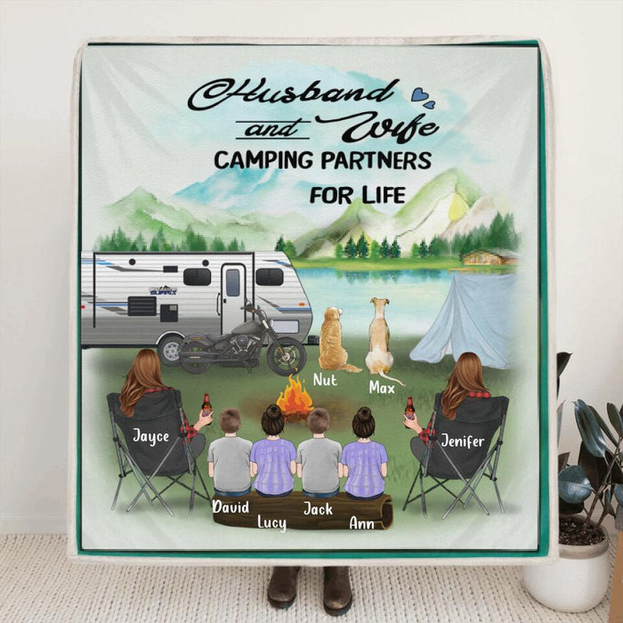 Personalized Camping Couple Blanket - Same Sex Couple with 4 kids and 2 dogs - Best Gift For Couple