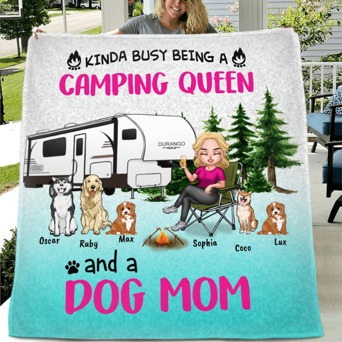 Custom Personalized Dog Camping Queen Pillow Cover & Fleece/ Quilt Blanket - Upto 5 Dogs - Gift Idea For Dog Lovers/ Mother's Day - Kinda Busy Being A Camping Queen And A Dog Mom