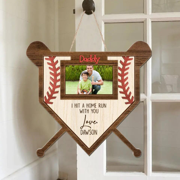 Custom Personalized Baseball Wooden Sign - Gift Idea From Kid To Dad - Upload Photo - Daddy, I Hit A Home Run With You