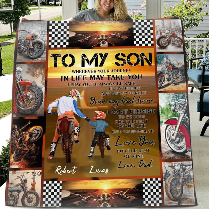 Custom Personalized Father & Son Biker Quilt/Single Layer Fleece Blanket - Gift Idea For Bike Lovers From Father To Son - To My Son