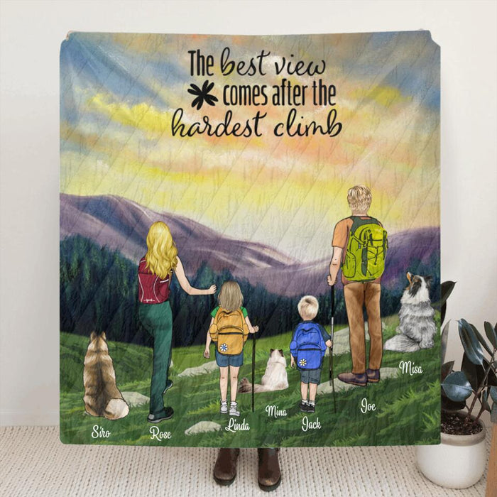 Custom Personalized Sunrise Hiking Fleece Blanket/ Quilt Blanket - Full Option Up to 2 Kids and 3 Pets - Best Gift For Family/Couple/Friends - The Best View Comes After The Hardest Climb - BHN3H5