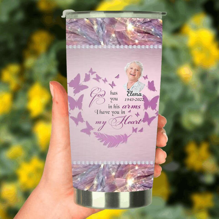 Custom Personalized Memorial Photo Tumbler - Memorial Gift Idea For Family Member - God Has You In His Arms I Have You In My Heart