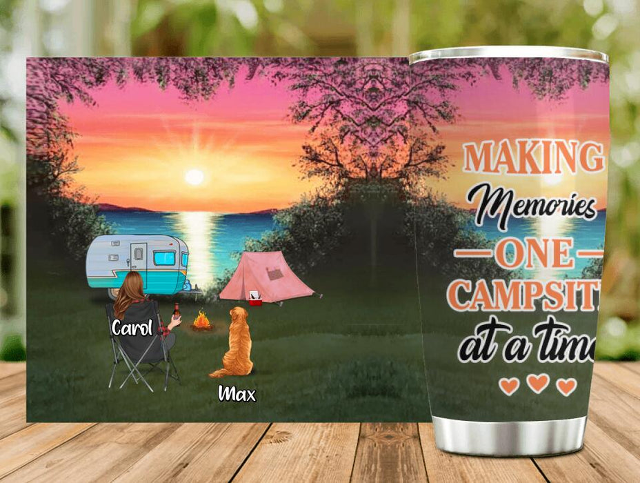 Custom Personalized Camping Tumbler - Couple With Upto 2 Kids And 3 Pets - Gift Idea For Camping Lover - Making Memories One Campsite At A Time