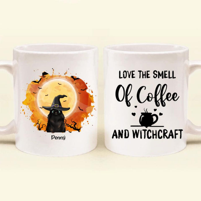 Custom Personalized Halloween Cats Coffee Mug -  Upto 3 Cats - Love The Smell Of Coffee And Witchcraft - B16ZKZ