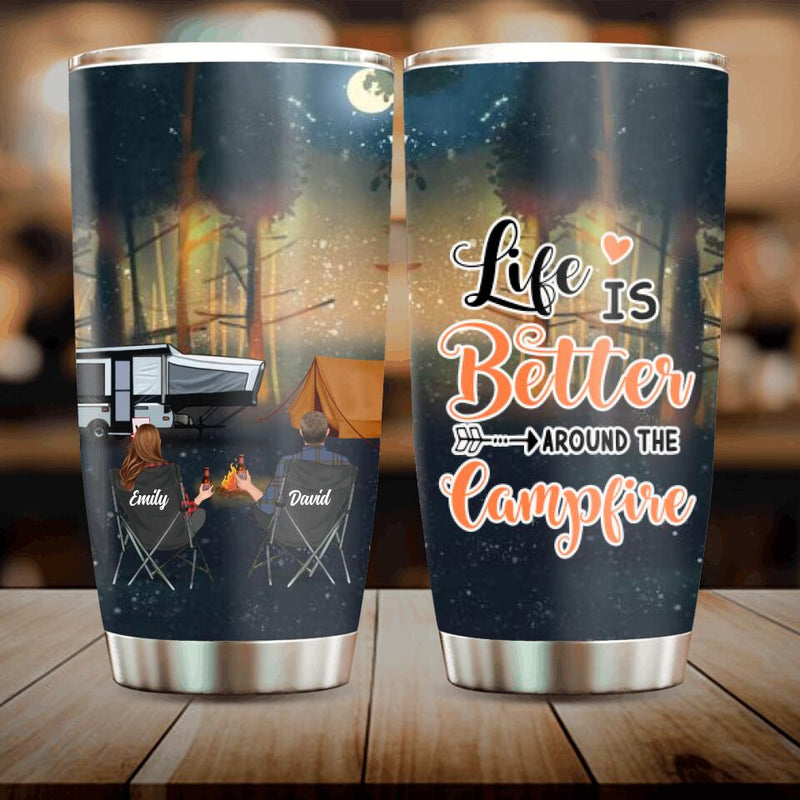 Personalized Night Camping Tumbler - Couple/Parents With Up to 3 Kids And 4 Pets - Gift For Camping Lover - Life Is Better Around The Camfire
