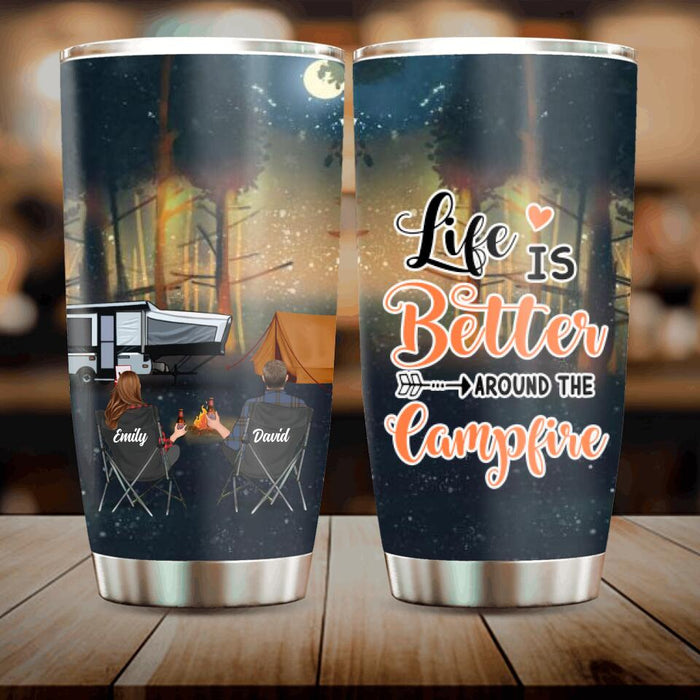 Custom Personalized Night Camping Tumbler - Couple/ Parents With Upto 3 Kids And 4 Pets - Gift For Camping Lover - Life Is Better Around The Camfire