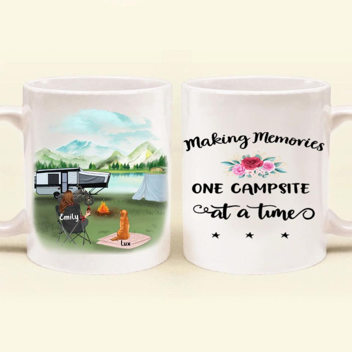 Custom Personalized Camping Coffee Mug - Adult/ Single Parent With Upto 2 Kids And 3 Pets - Making Memories One Campsite At A Time