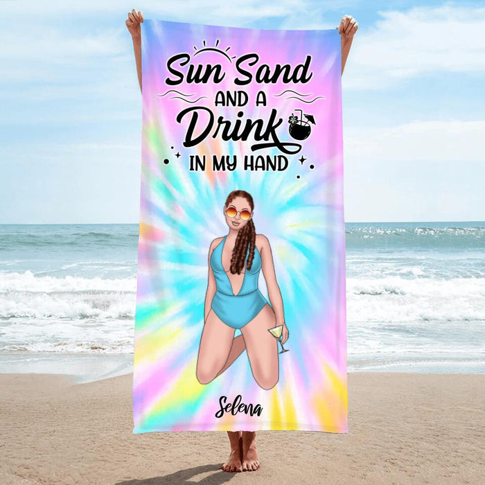 Custom Personalized Bikini Girl Beach Towel - Gift Idea For Girl/Beach Lovers - Sun Sand And A Drink In My Hand