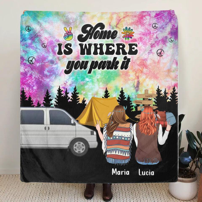 Custom Personalized Hippie Friends Quilt/Single Layer Fleece Blanket - Gift Idea For Hippie Lovers - Up to 3 Girls - Home Is Where You Park It