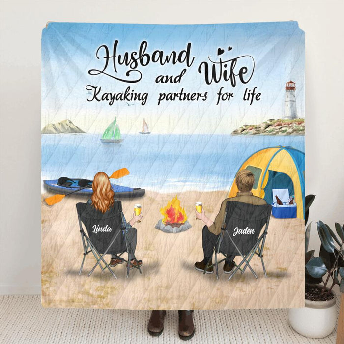 Custom Personalized Kayak Camping Quilt/Fleece Blanket - Couple With Upto 3 Dogs - This Is Our Happy Place