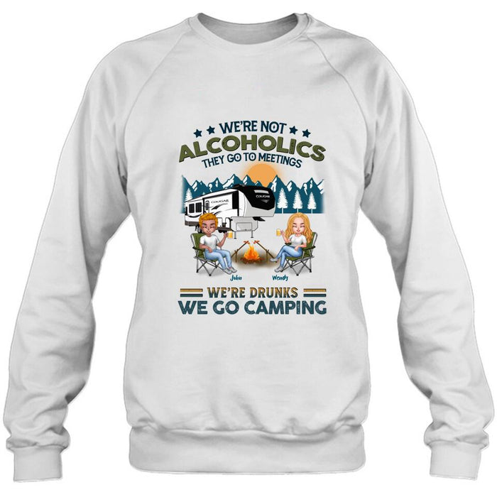 Custom Personalized Camping Friends T-Shirt/ Long Sleeve/ Sweatshirt/ Hoodie - Upto 7 People - Gift Idea For Friends/ Camping Lover - We're Not Alcoholics They Go To Meetings We're Drunks We Go Camping