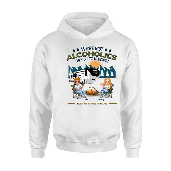 Custom Personalized Camping Friends T-Shirt/ Long Sleeve/ Sweatshirt/ Hoodie - Upto 7 People - Gift Idea For Friends/ Camping Lover - We're Not Alcoholics They Go To Meetings We're Drunks We Go Camping