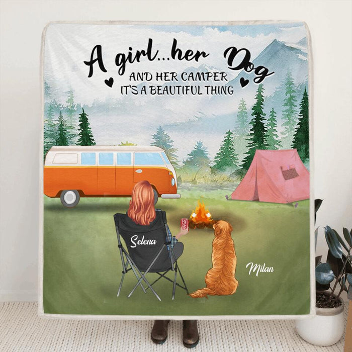 Custom Personalized Dog Mom Camping Quilt/ Fleece Blanket - Mom With Upto 4 Dogs - Best Gift For Dog Lovers