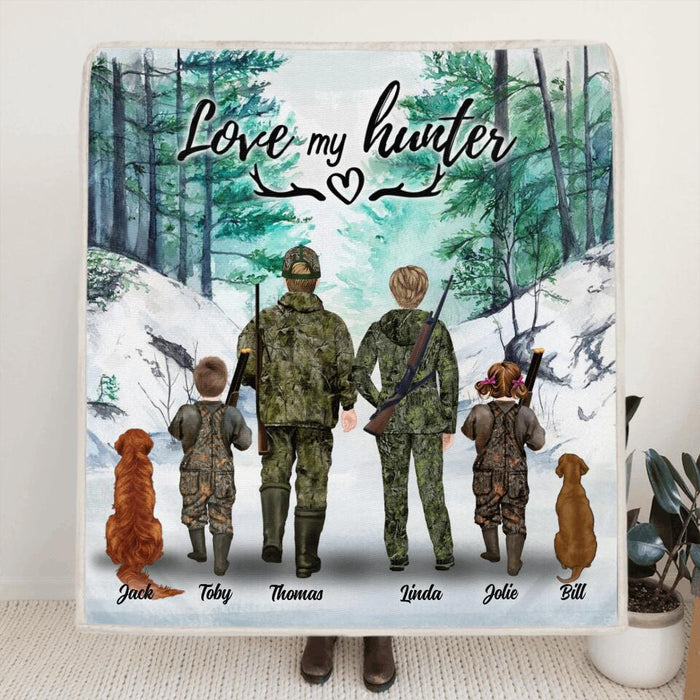 Custom Personalized Hunting With Pets Fleece Blanket/Quilt Blanket - Parents With Up To 2 Kids/ Couple/Single Parent/Solo Man/Woman and Pets - Best Gift For Hunting Lovers