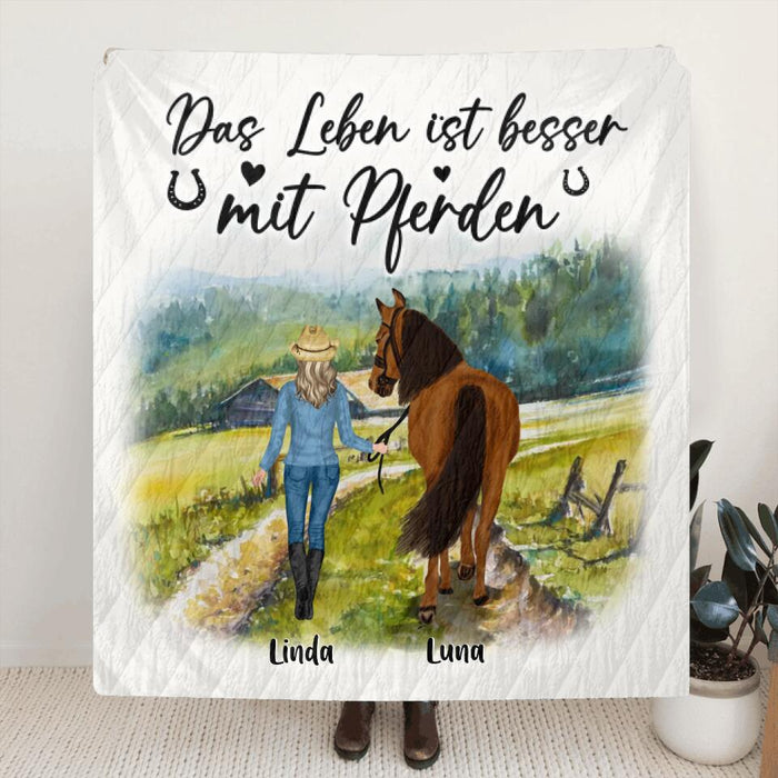 Custom Personalized Horse Girl Quilt/Single Layer Fleece Blanket - Gift Idea For Horse Lovers/Girl - Upto 6 Horses - Das Leben Ist Besser Mit Pferden