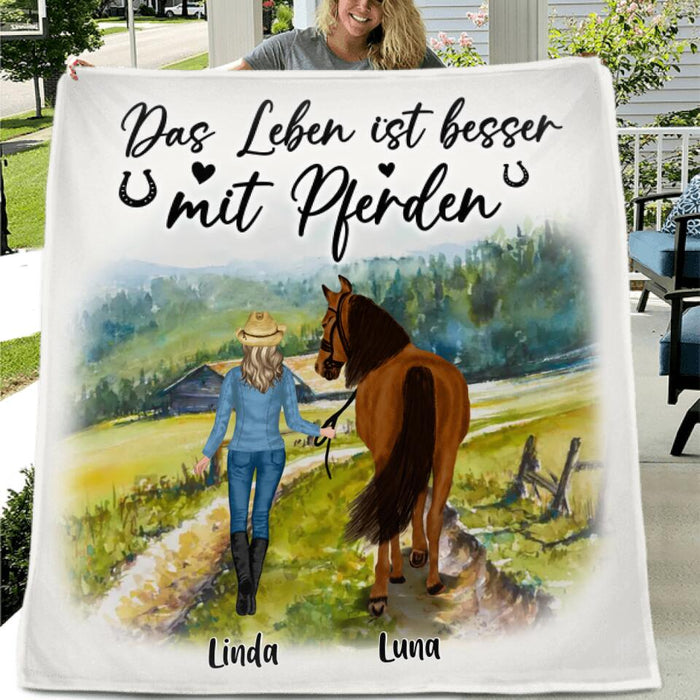 Custom Personalized Horse Girl Quilt/Single Layer Fleece Blanket - Gift Idea For Horse Lovers/Girl - Upto 6 Horses - Das Leben Ist Besser Mit Pferden