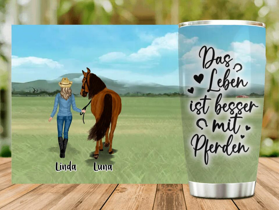 Custom Personalized Horse Girl Tumbler - Gift Idea For Horse Lovers/Girl - Upto 6 Horses - Das Leben Ist Besser Mit Pferden