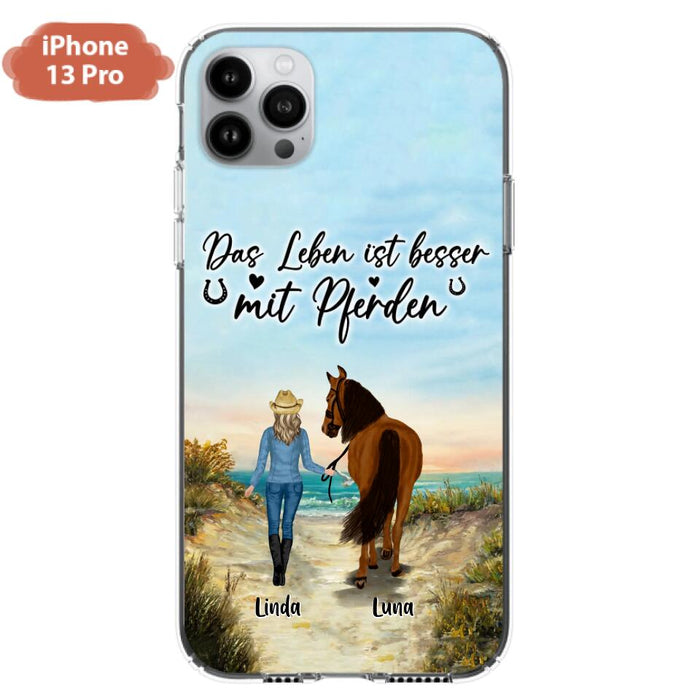 Custom Personalized Horse Girl Phone Case - Gift Idea For Horse Lovers/Girl - Upto 6 Horses - Das Leben Ist Besser Mit Pferden - Cases For iPhone/Samsung