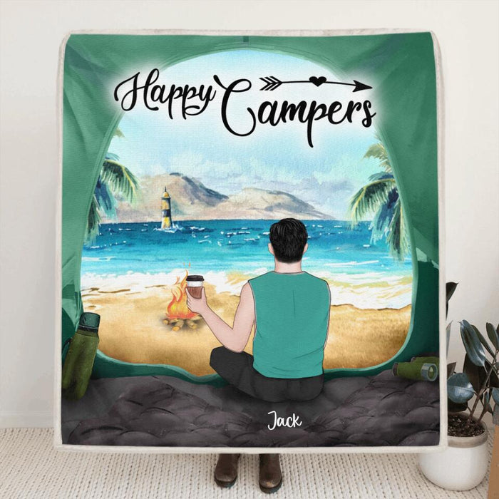 Custom Personalized Dog Camping Quilt/ Fleece Blanket - Man/ Woman/ Couple With Upto 3 Dogs - Best Gift For Camping Lover -  View Inside The Tent