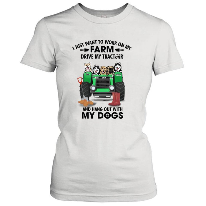 Custom Personalized Tractor Farm Dog T-
Shirt - Best Gift For Farmers/Dog Lovers - I Just Want To Work On My Farm Drive My Tractor And Hang Out With My Dogs