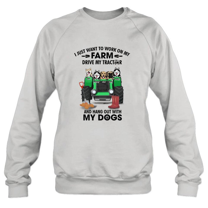 Custom Personalized Tractor Farm Dog T-
Shirt - Best Gift For Farmers/Dog Lovers - I Just Want To Work On My Farm Drive My Tractor And Hang Out With My Dogs