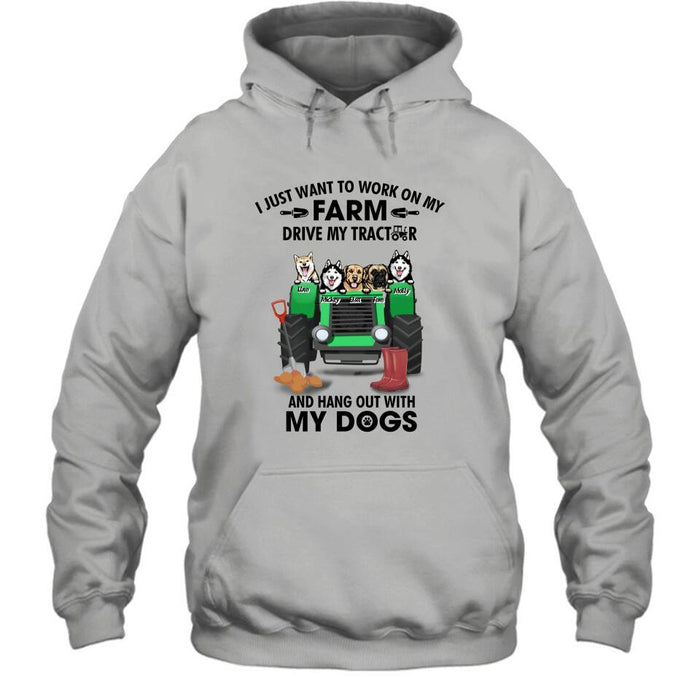 Custom Personalized Tractor Farm Dog T-
Shirt - Best Gift For Farmers/Dog Lovers - I Just Want To Work On My Farm Drive My Tractor And Hang Out With My Dogs