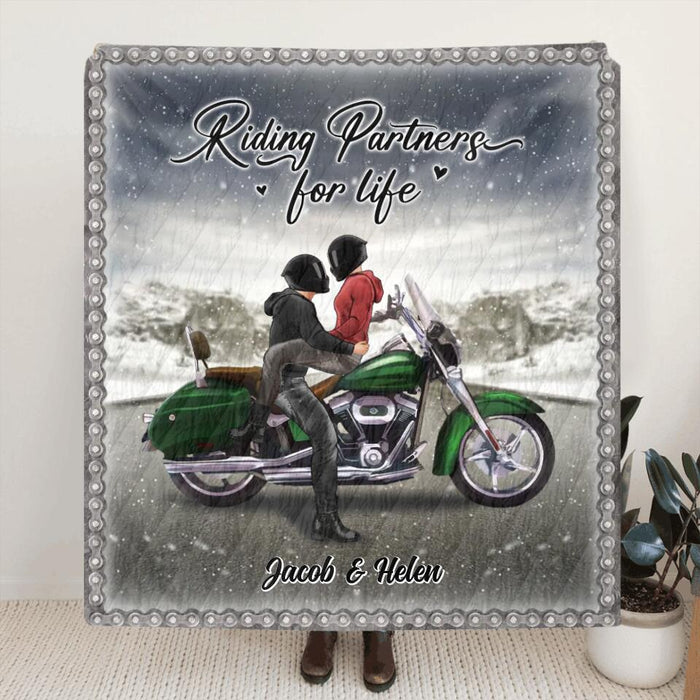 Personalized Biker Single Layer Fleece Blanket/ Quilt - Riding Partners For Life - Gift Idea For Couple/ Parents/ Wedding/ Anniversary