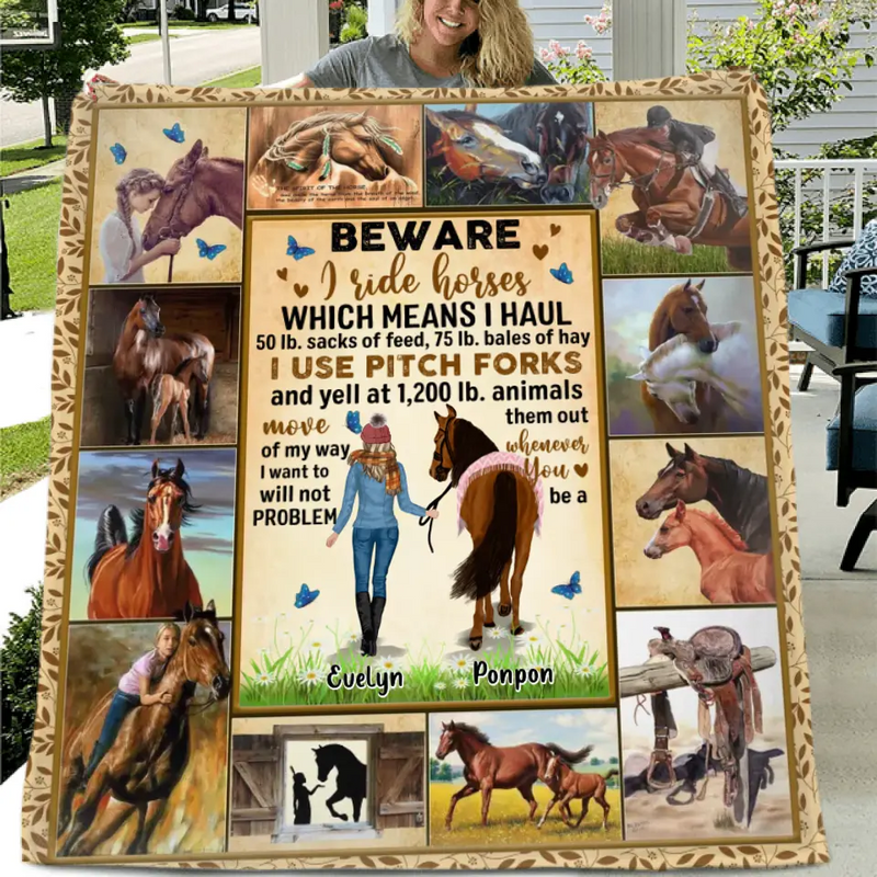 Personalized Horse Girl Quilt/Fleece Throw Blanket - Gift Idea For Horse Lovers - Beware I Ride Horses