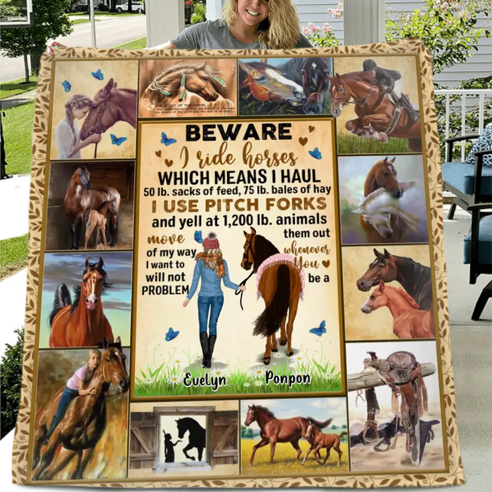 Custom Personalized Horse Girl Quilt/Single Layer Fleece Blanket - Gift Idea For Horse Lovers - Beware I Ride Horses