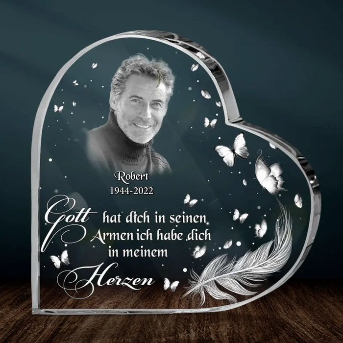 Custom Personalized Memorial Photo Crystal Heart - German Version - Memorial Gift Idea for Father's Day/Mother's Day - Gott Hat Ditch In Seinen Armen Ich Habe Sich In Meinem Herzen