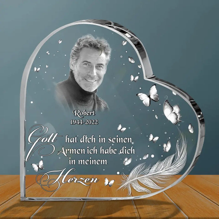 Custom Personalized Memorial Photo Crystal Heart - German Version - Memorial Gift Idea for Father's Day/Mother's Day - Gott Hat Ditch In Seinen Armen Ich Habe Sich In Meinem Herzen